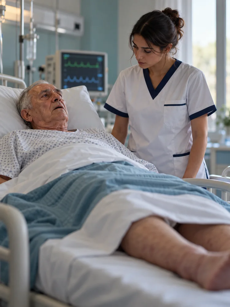 Anziano a letto, dispnoico, con un'infermiera al suo fianco
