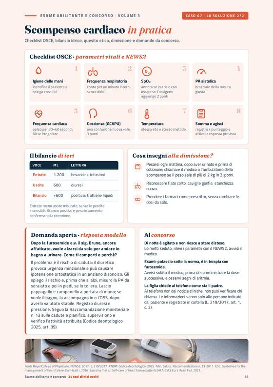 Pagina del caso 07 con la checklist OSCE dei parametri vitali e NEWS2, il bilancio idrico e le domande da concorso